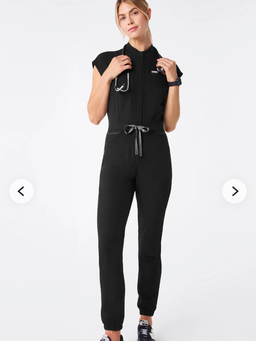 Figs Black Short-Sleeve Utility Jumpsuit with Drawstring Waist